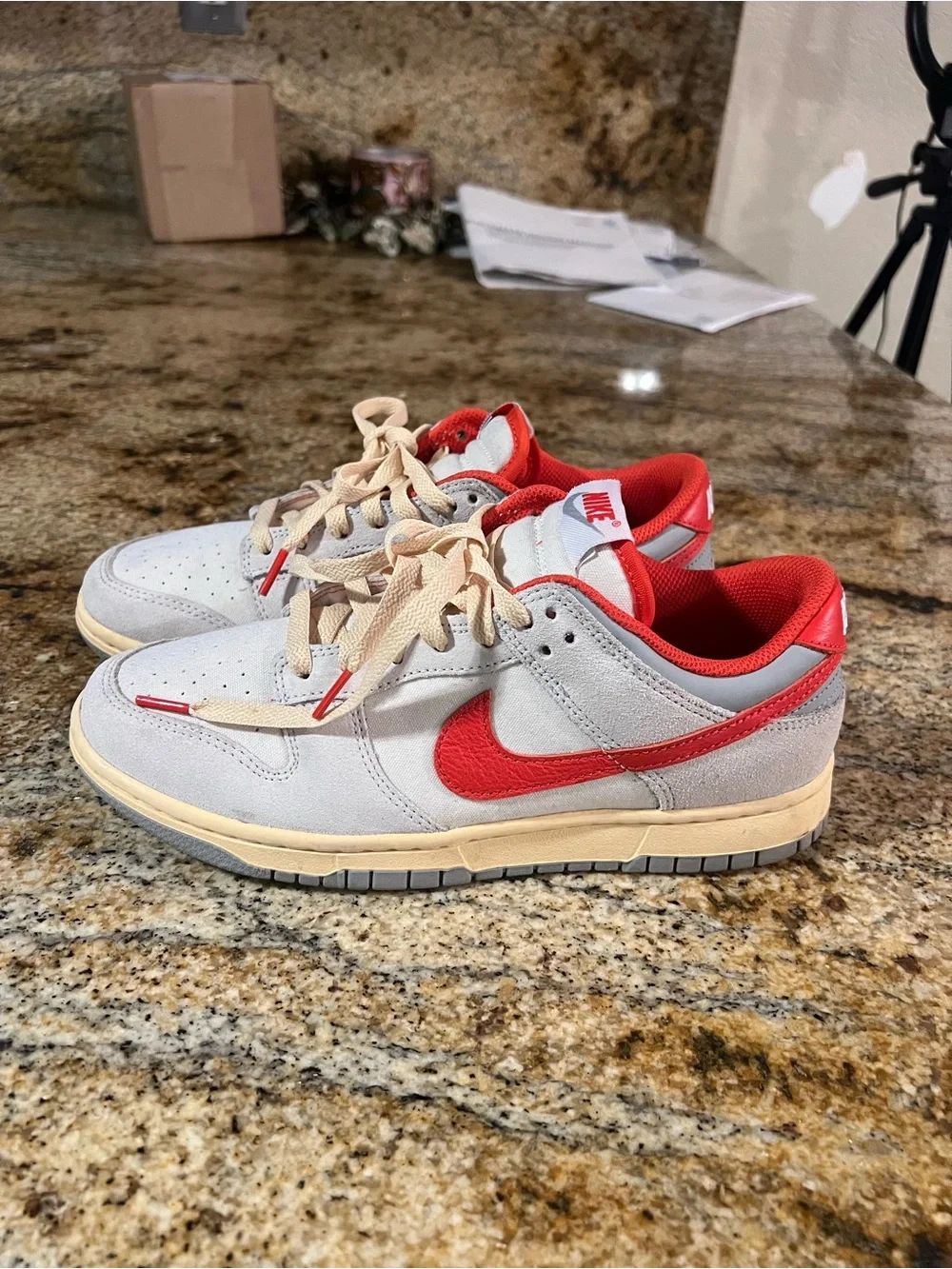 Nike Kids Gray and Red Low-Top Sneakers with Cream Sole